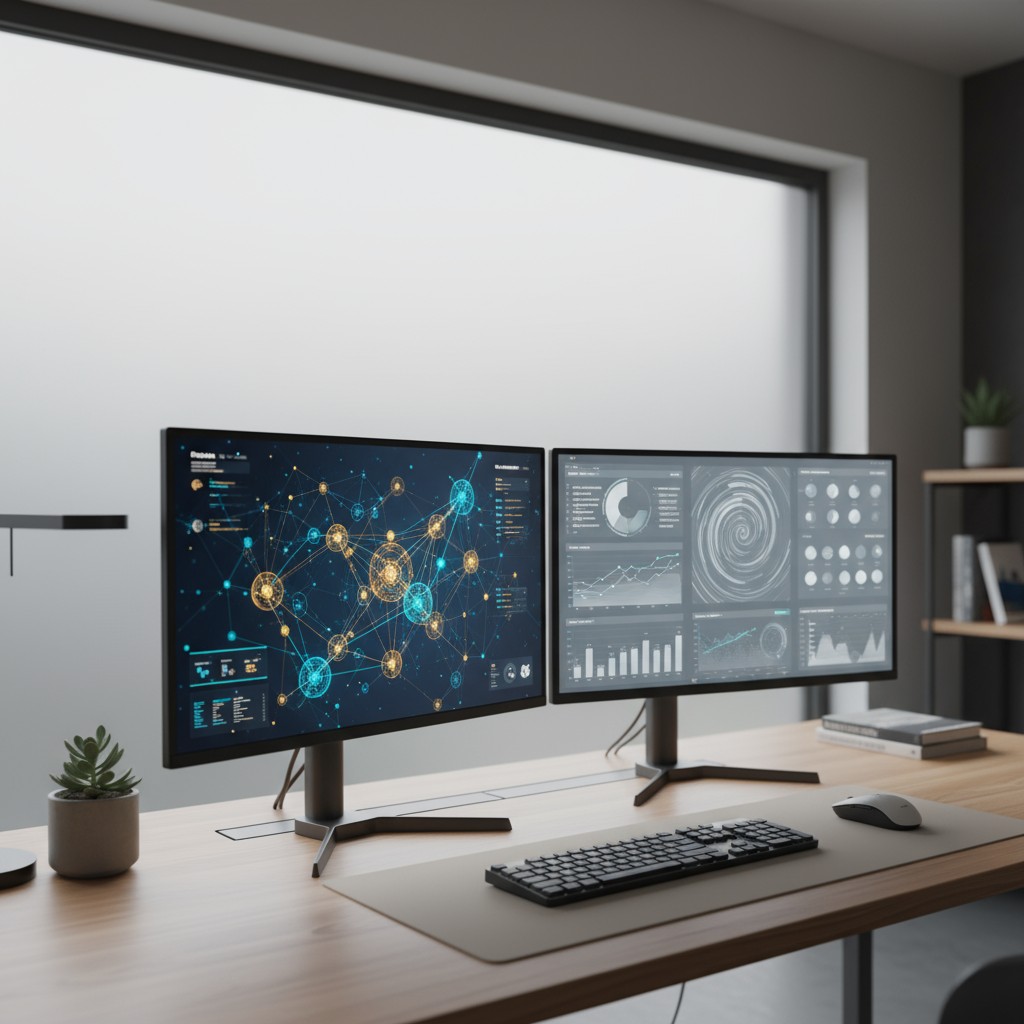 Two computer monitors side-by-side on a desk, with the left showing a network map of some world client networks, the right...