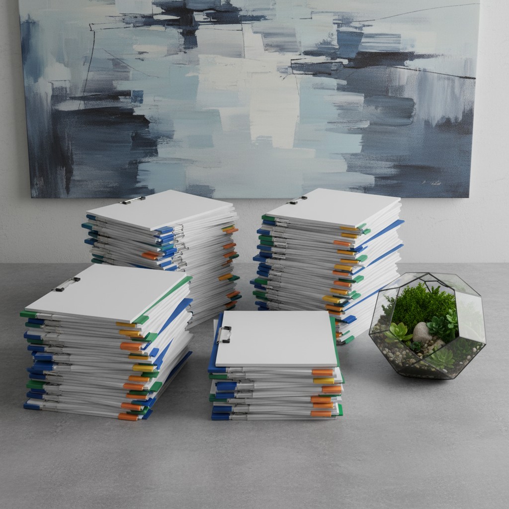 Letras y tocho de papel sobre la mesa contra pared con pintura en, gran tela al dorso.