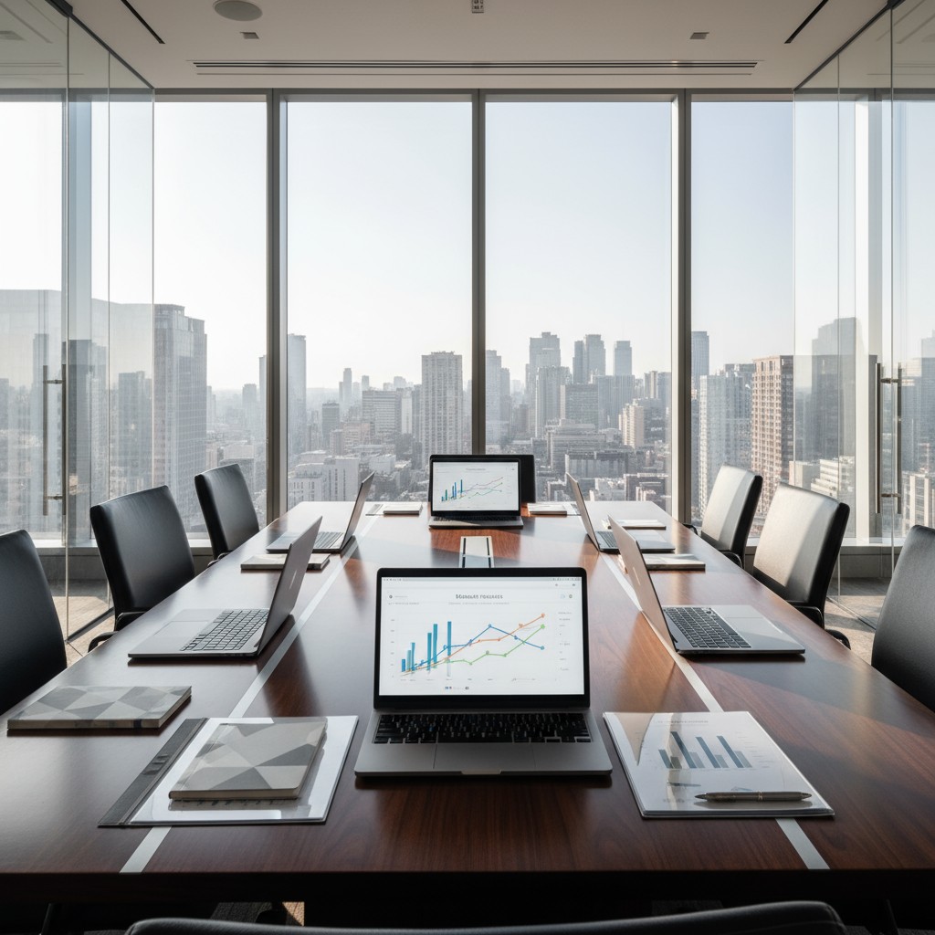 Una sala de juntas con dos ordenadores abiertos y una vista de la ciudad.
