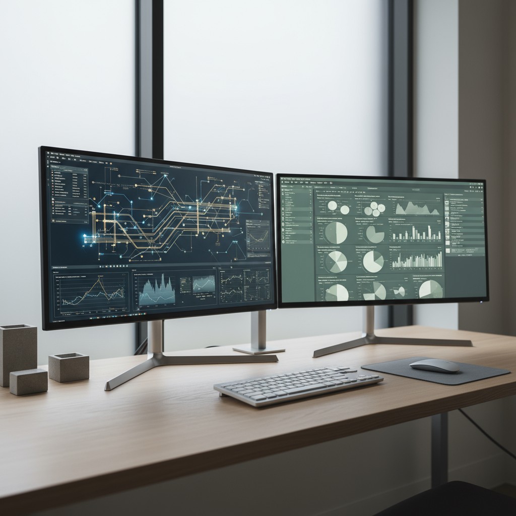 Monitor de computador siendo usado en trabajo de analítica e informes.